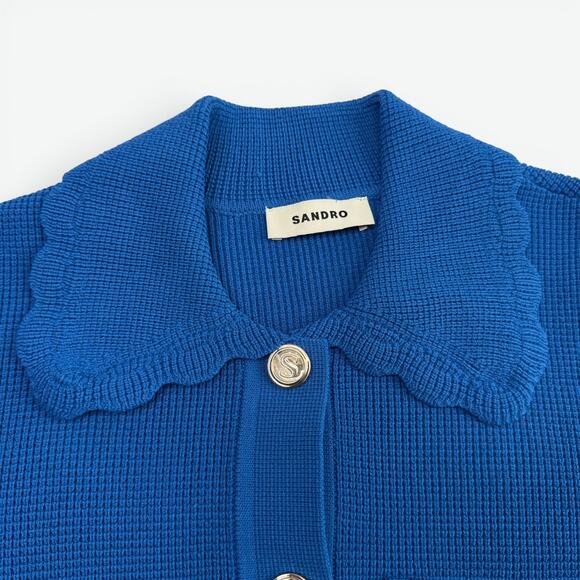 Sandro Knit Paco Cardigan Womens Size 2 Scalloped Collar Gold Snap Blue - Picture 2 of 12